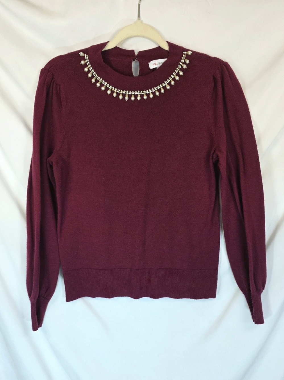 Liz Claiborne Sweater S Burgundy Pearl Rhinestone Embellished Neck Holiday Chic